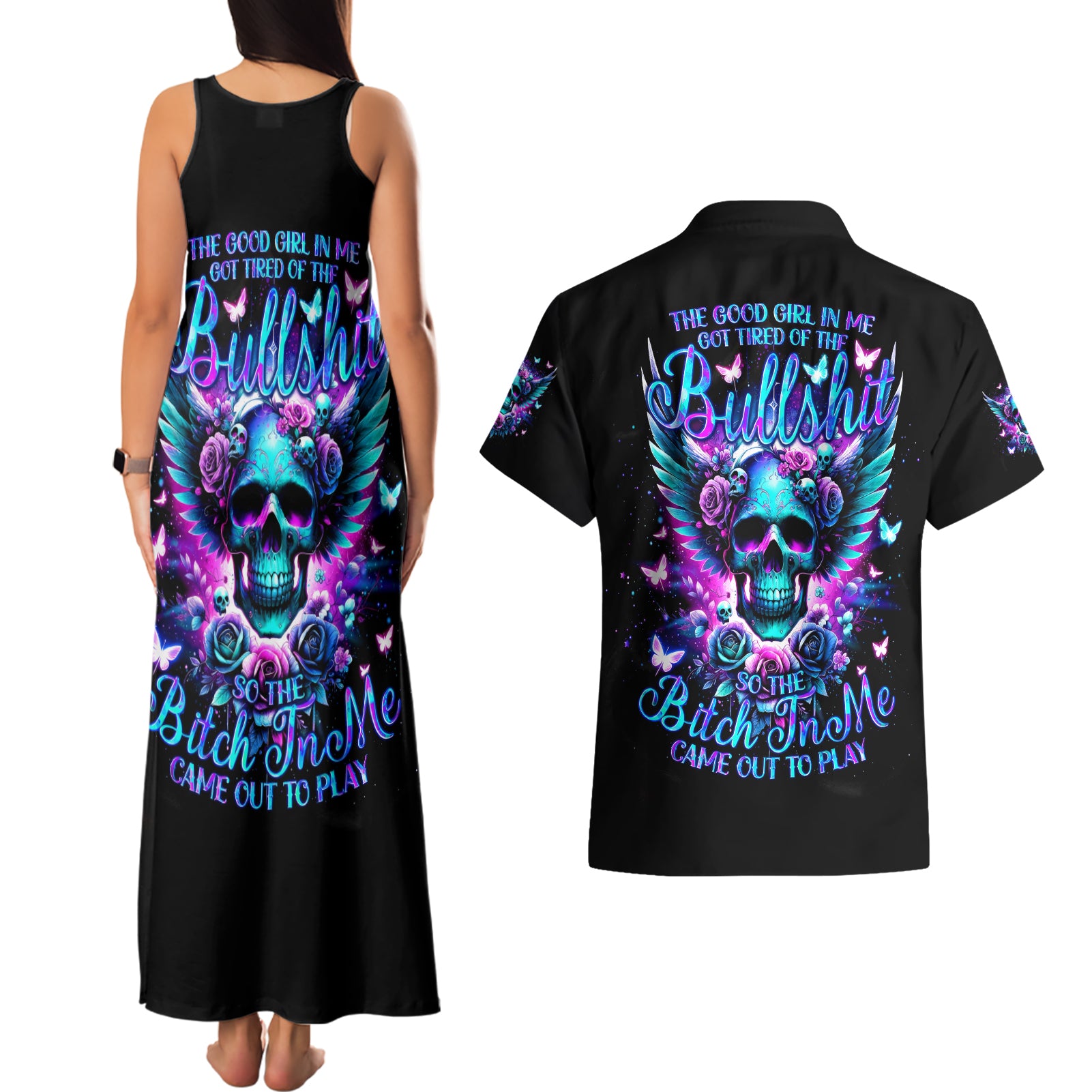 Skull Wings Couples Matching Tank Maxi Dress and Hawaiian Shirt So The Bitch In Me Came Out To Play