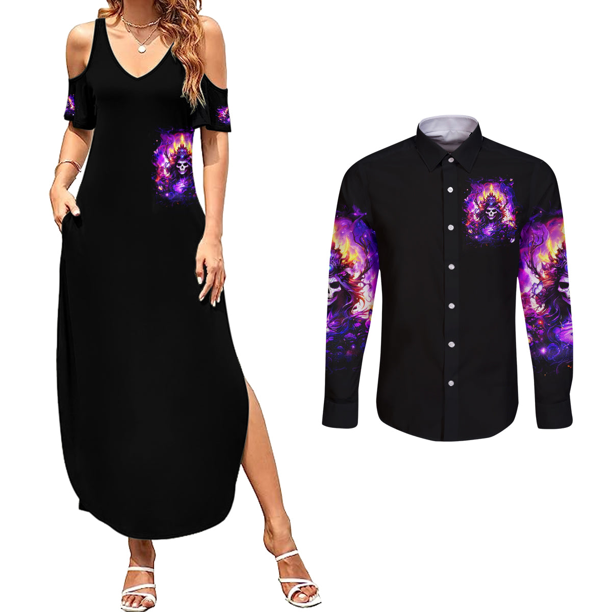 Queen Skull Couples Matching Summer Maxi Dress and Long Sleeve Button Shirt Sometimes An Angel Somethimes Hellraiser Always A Strong Woman