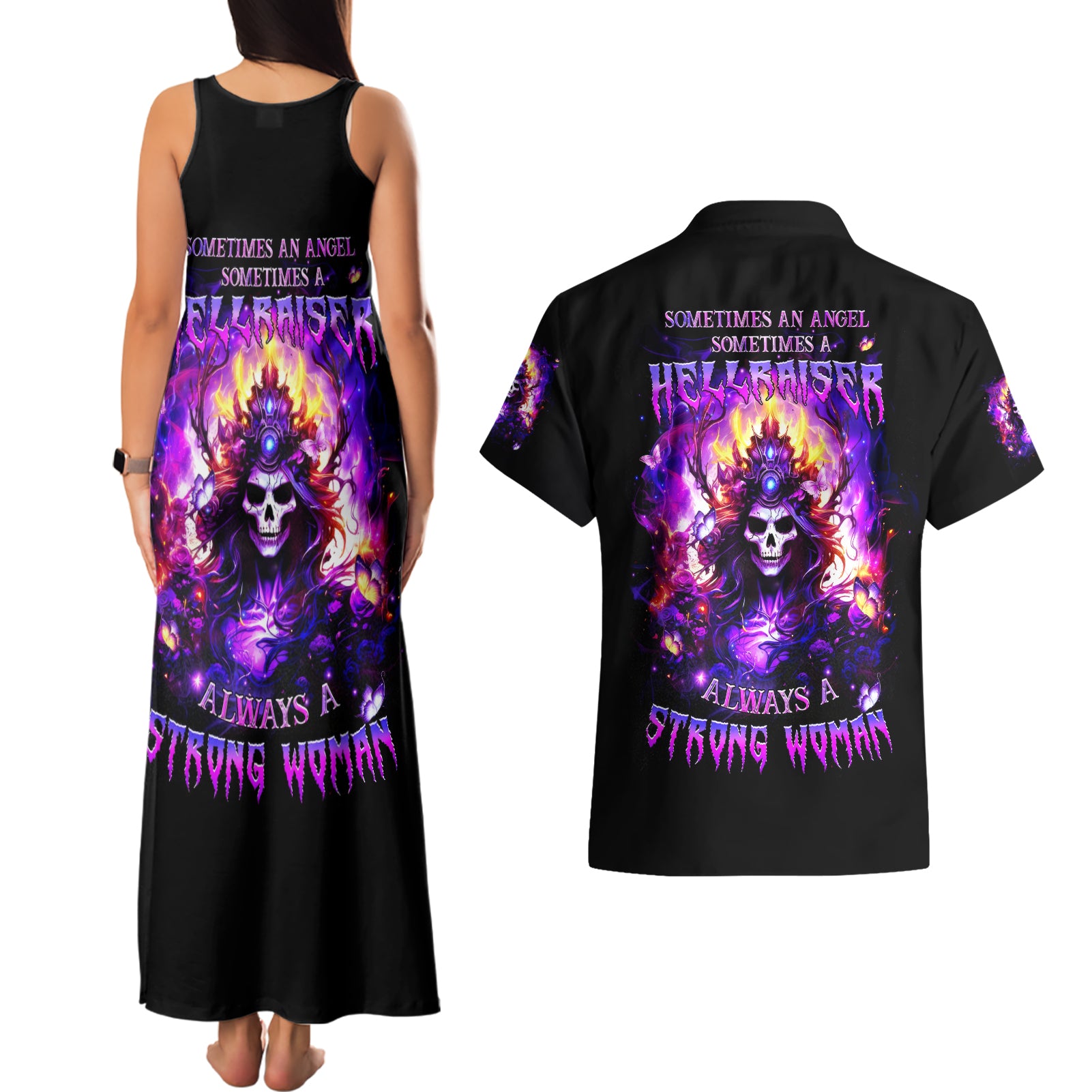 Queen Skull Couples Matching Tank Maxi Dress and Hawaiian Shirt Sometimes An Angel Somethimes Hellraiser Always A Strong Woman