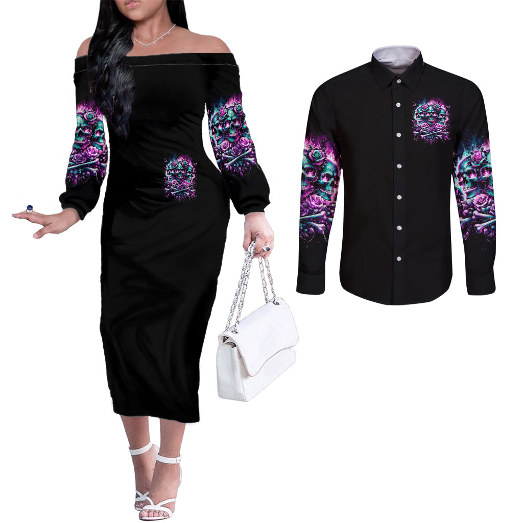 Rose Skull Couples Matching Off The Shoulder Long Sleeve Dress and Long Sleeve Button Shirt Stuck Between IDK IDC And IDGAF