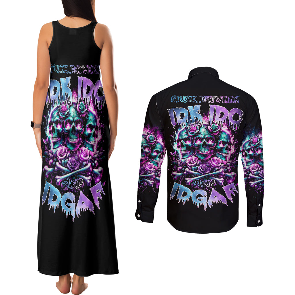 Rose Skull Couples Matching Tank Maxi Dress and Long Sleeve Button Shirt Stuck Between IDK IDC And IDGAF