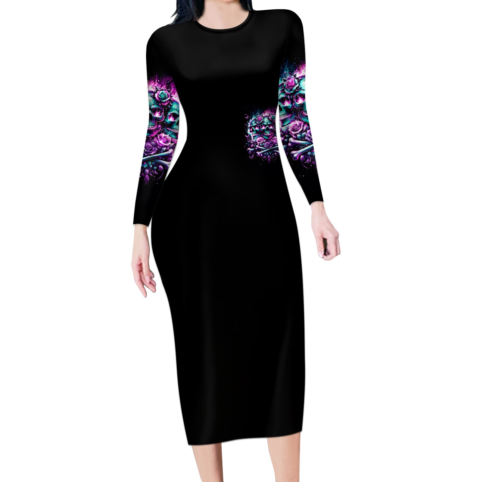 Rose Skull Long Sleeve Bodycon Dress Stuck Between IDK IDC And IDGAF