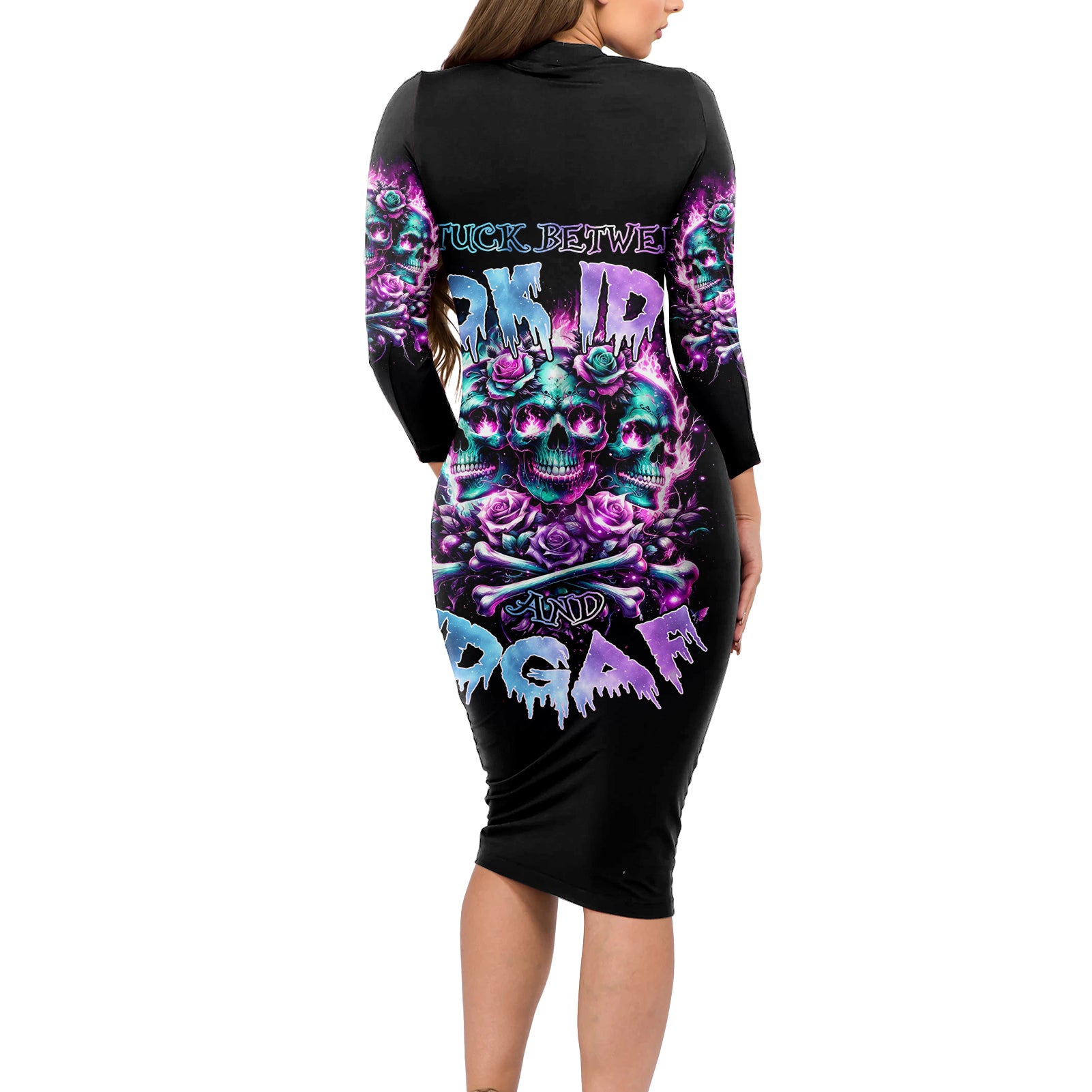 Rose Skull Long Sleeve Bodycon Dress Stuck Between IDK IDC And IDGAF