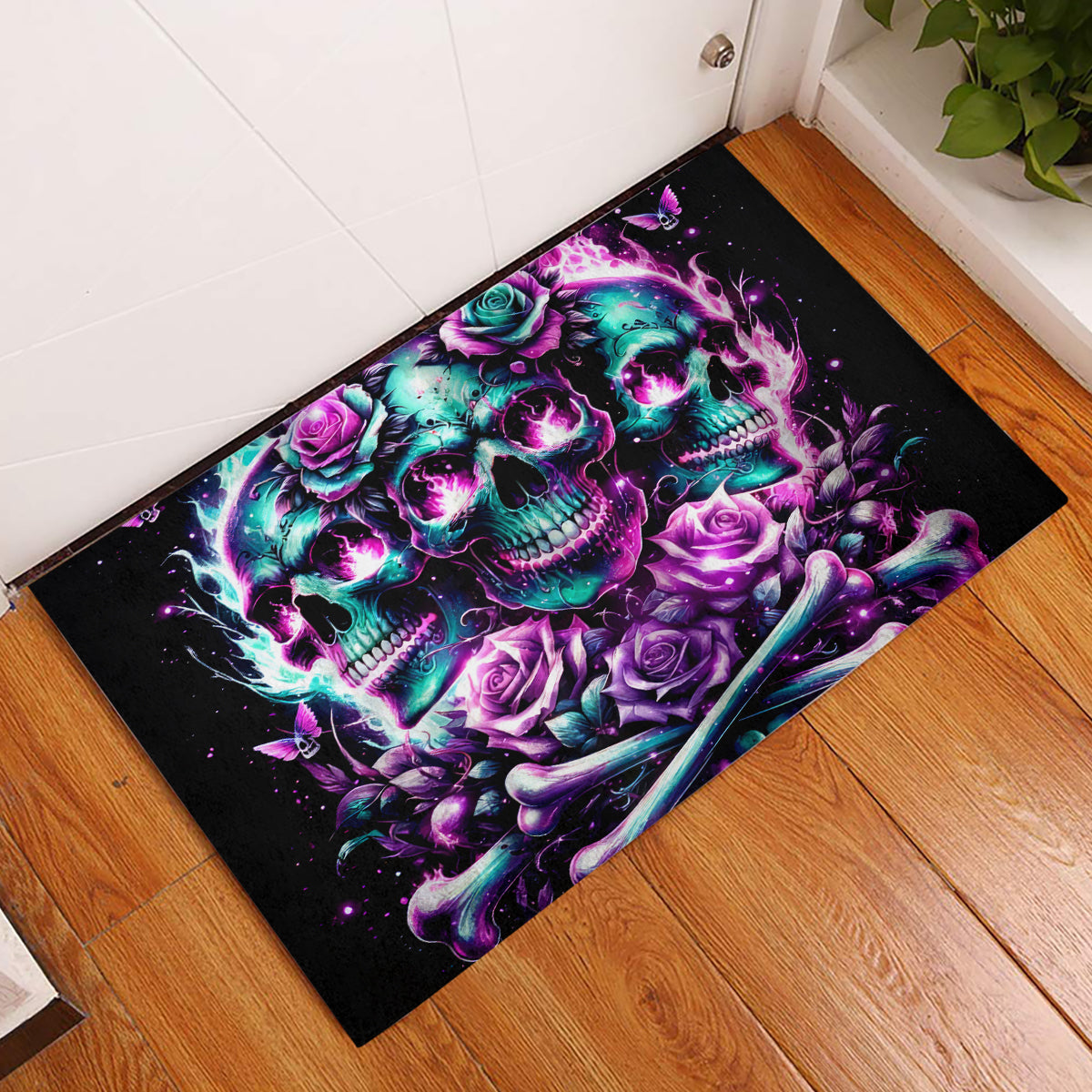 Rose Skull Rubber Doormat Stuck Between IDK IDC And IDGAF