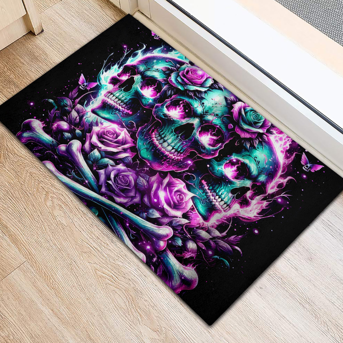 Rose Skull Rubber Doormat Stuck Between IDK IDC And IDGAF