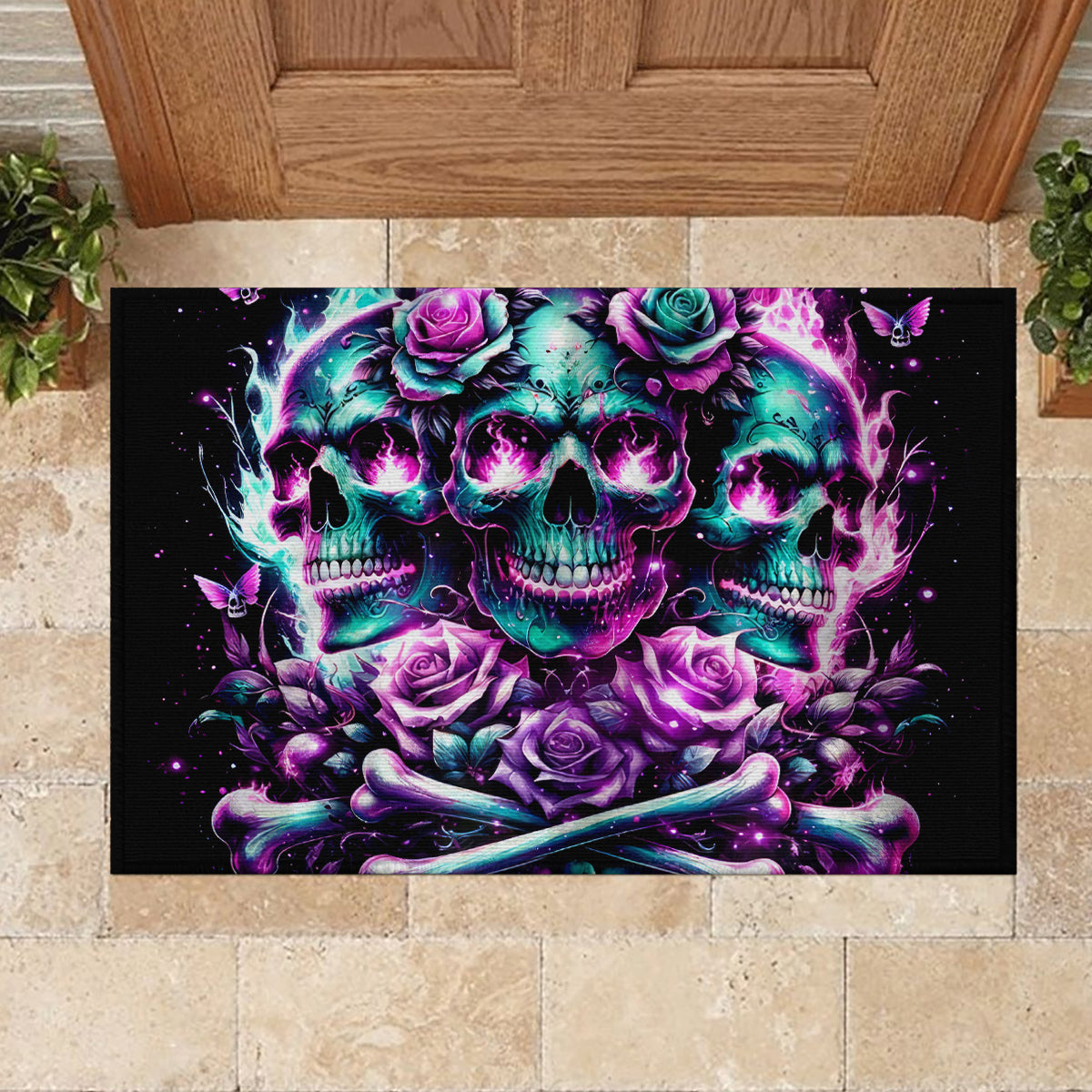 Rose Skull Rubber Doormat Stuck Between IDK IDC And IDGAF
