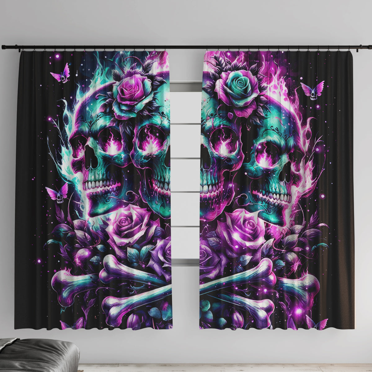 Rose Skull Window Curtain Stuck Between IDK IDC And IDGAF