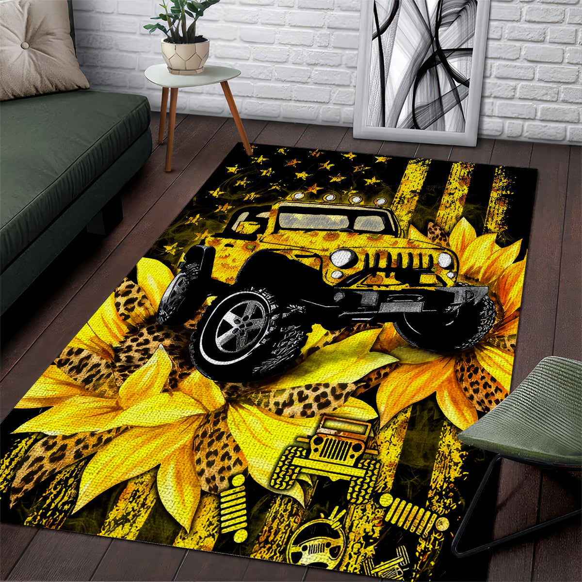 Sunflower Jeep Area Rug American Flag Sunflower Jeep
