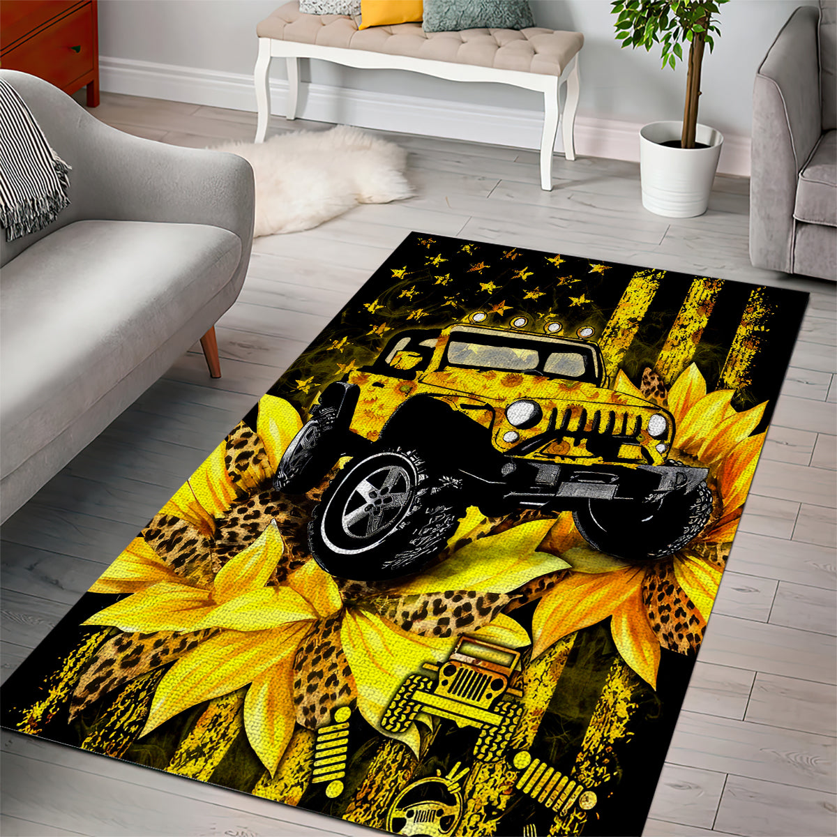 Sunflower Jeep Area Rug American Flag Sunflower Jeep