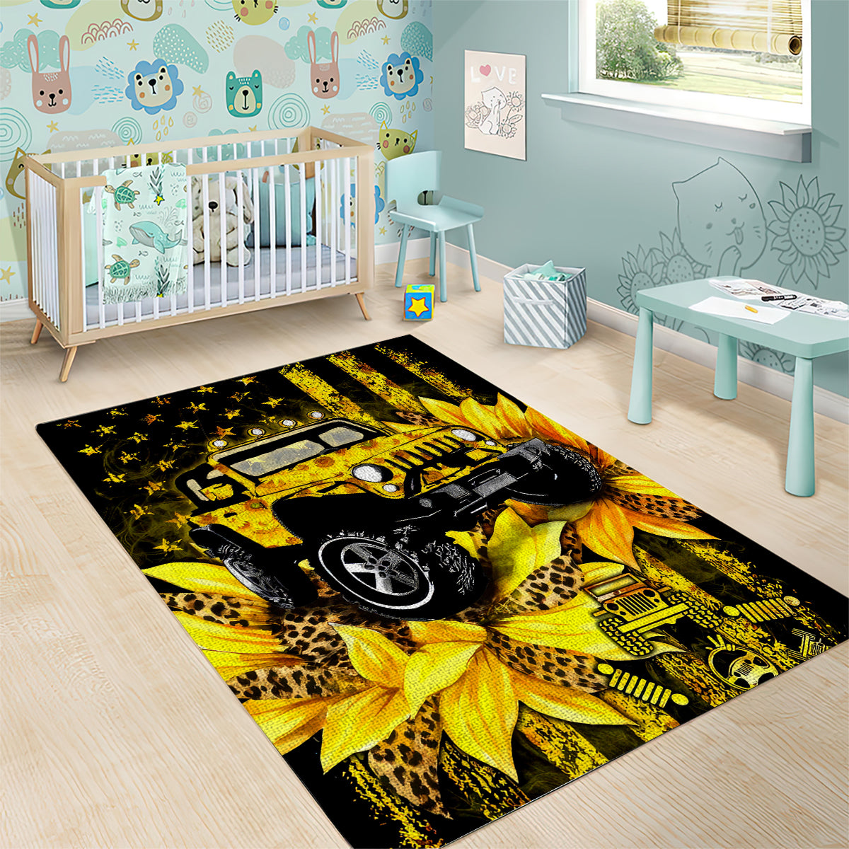 Sunflower Jeep Area Rug American Flag Sunflower Jeep
