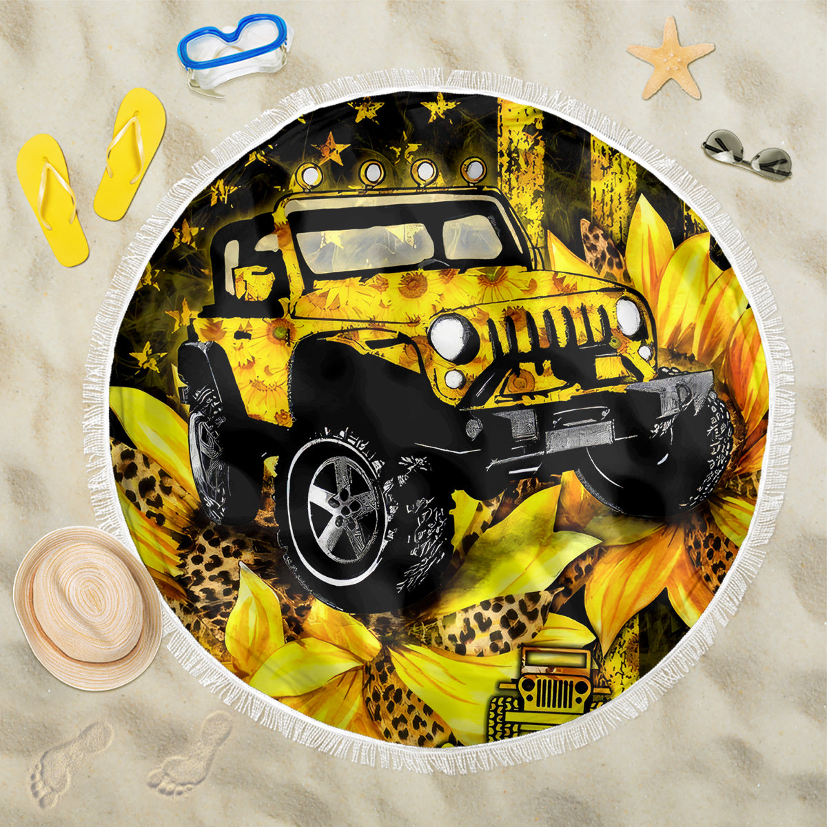 Sunflower Jeep Beach Blanket American Flag Sunflower Jeep