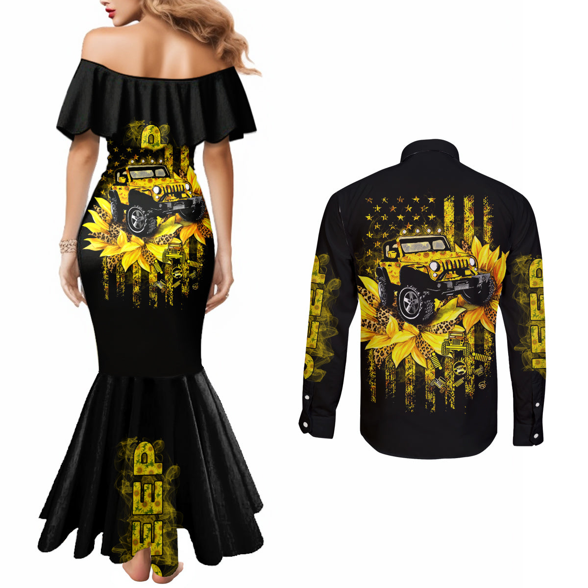 Sunflower Jeep Couples Matching Mermaid Dress and Long Sleeve Button Shirt American Flag Sunflower Jeep