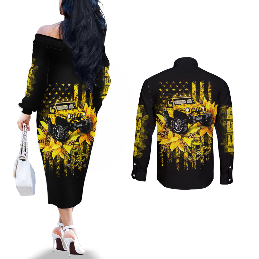 Sunflower Jeep Couples Matching Off The Shoulder Long Sleeve Dress and Long Sleeve Button Shirt American Flag Sunflower Jeep