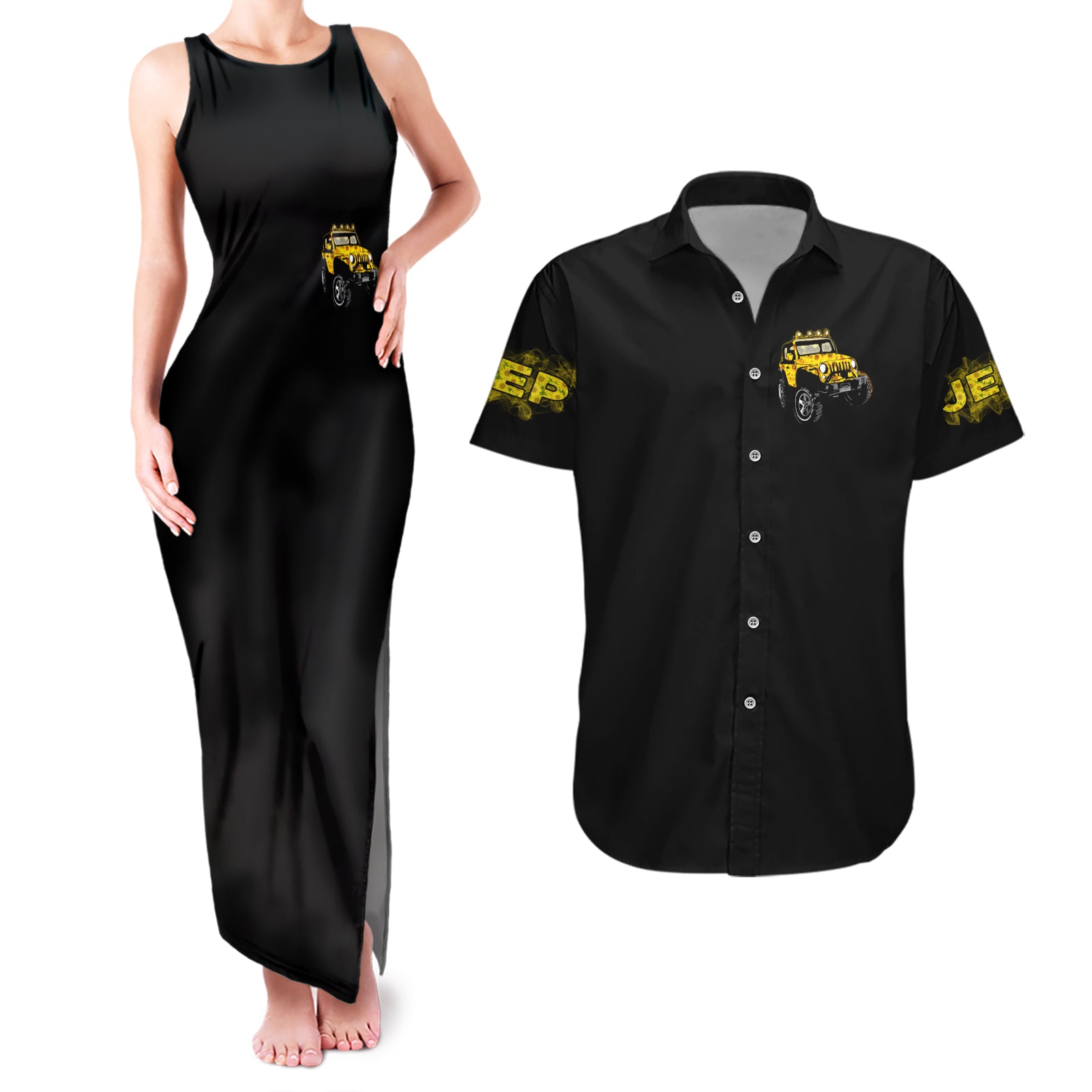 Sunflower Jeep Couples Matching Tank Maxi Dress and Hawaiian Shirt American Flag Sunflower Jeep