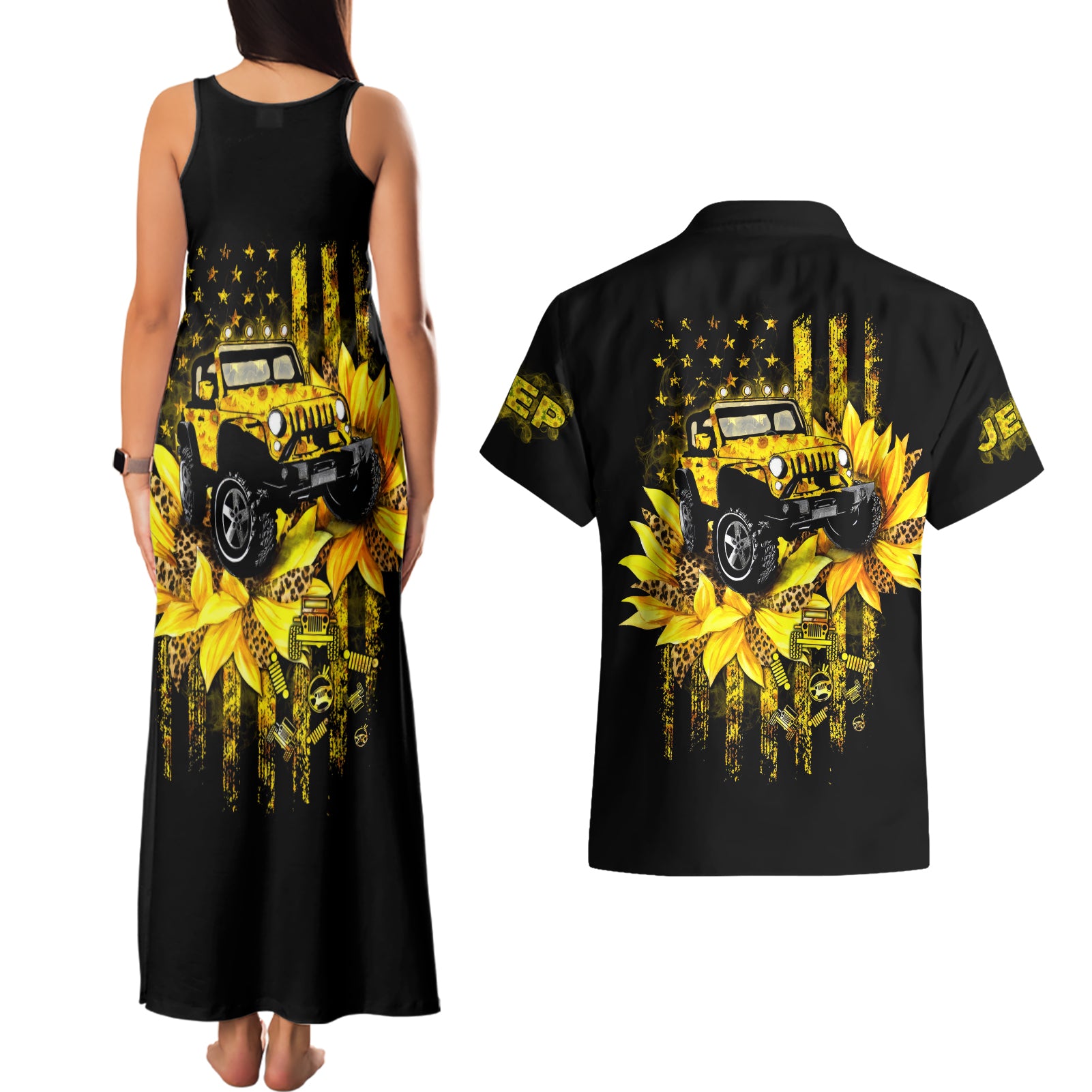 Sunflower Jeep Couples Matching Tank Maxi Dress and Hawaiian Shirt American Flag Sunflower Jeep