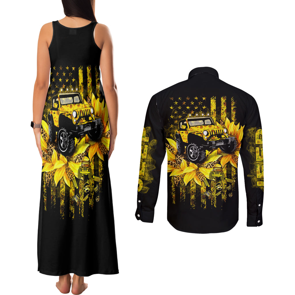 Sunflower Jeep Couples Matching Tank Maxi Dress and Long Sleeve Button Shirt American Flag Sunflower Jeep