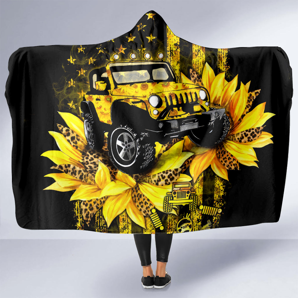 Sunflower Jeep Hooded Blanket American Flag Sunflower Jeep