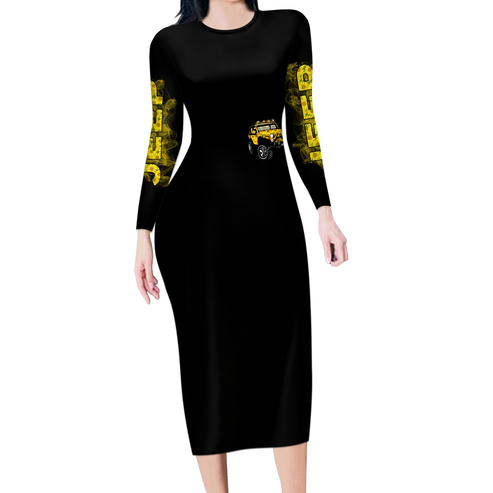Sunflower Jeep Long Sleeve Bodycon Dress American Flag Sunflower Jeep