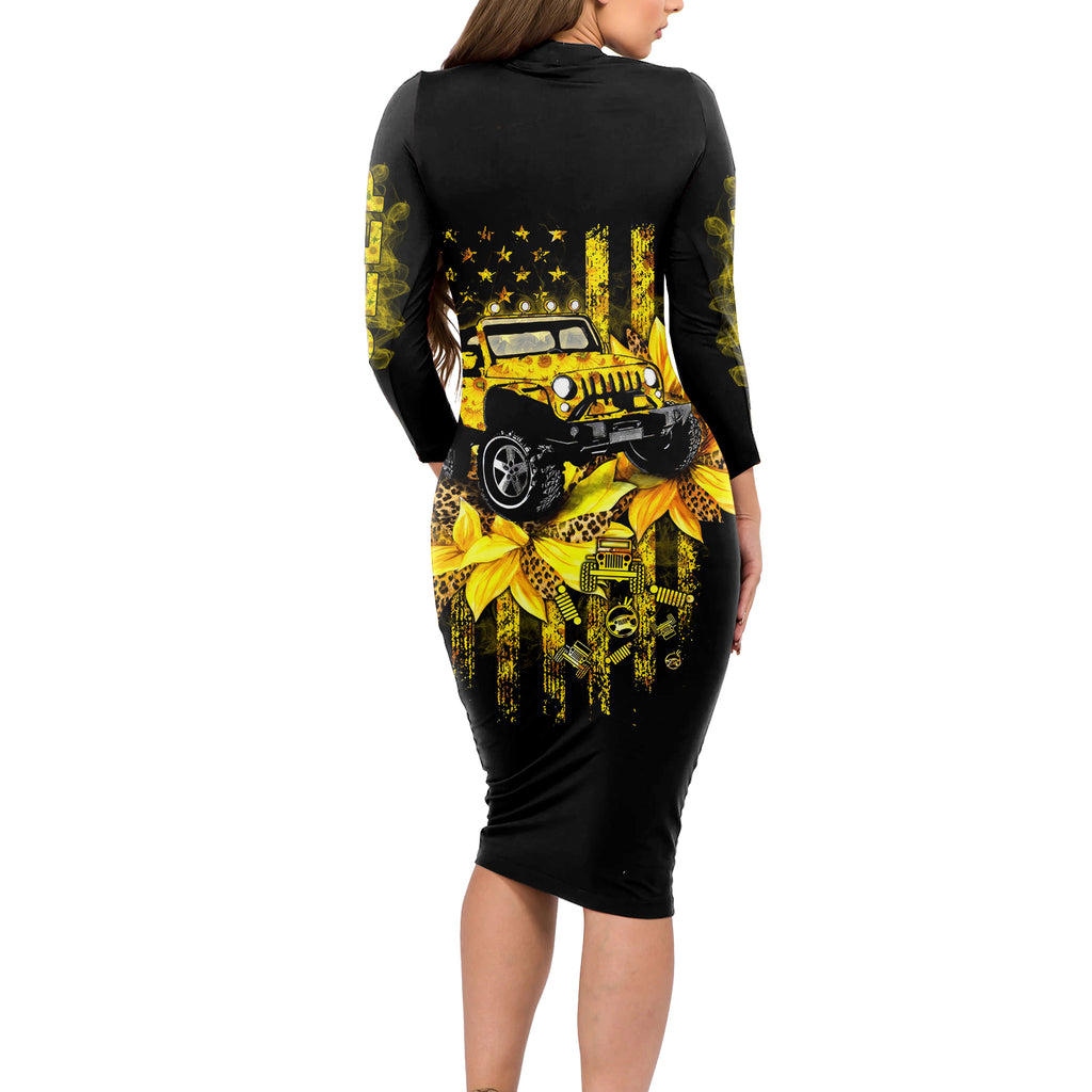 Sunflower Jeep Long Sleeve Bodycon Dress American Flag Sunflower Jeep