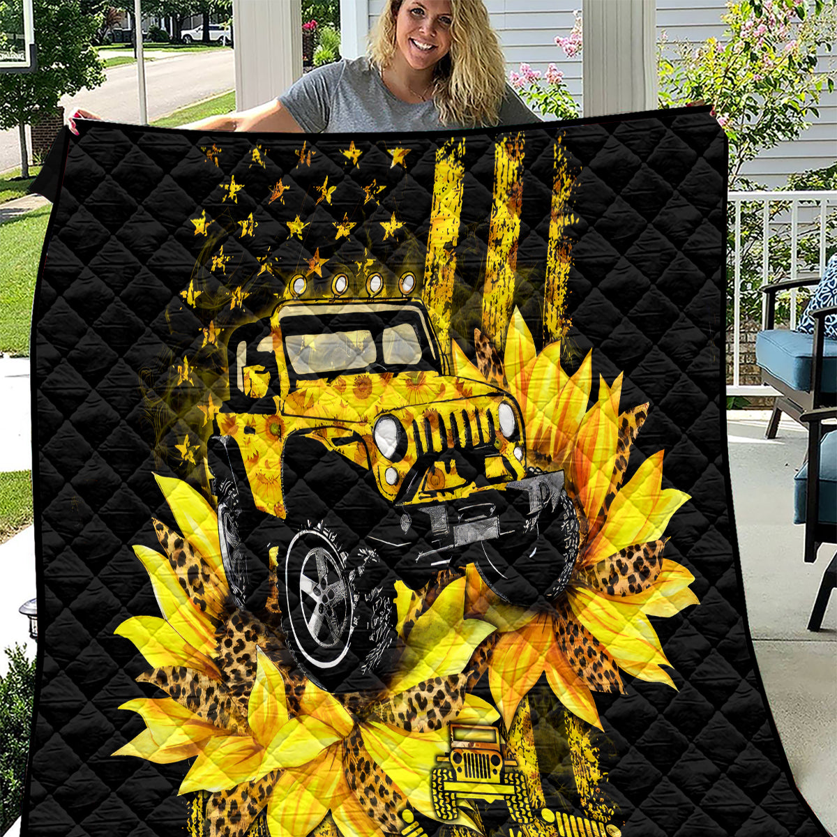 Sunflower Jeep Quilt American Flag Sunflower Jeep