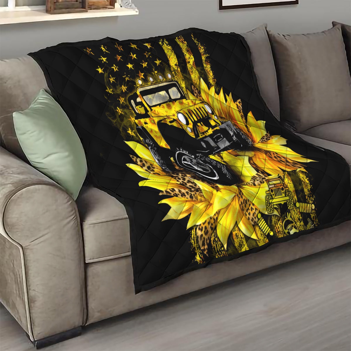 Sunflower Jeep Quilt American Flag Sunflower Jeep