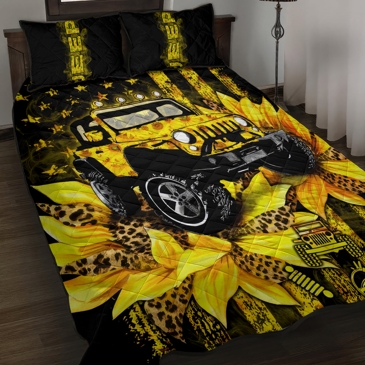 Sunflower Jeep Quilt Bed Set American Flag Sunflower Jeep