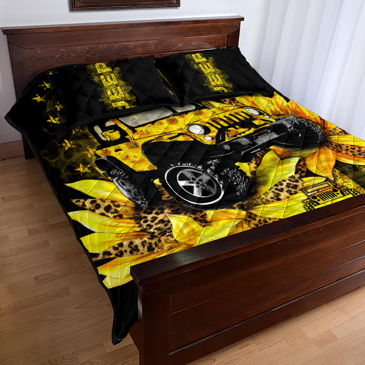 Sunflower Jeep Quilt Bed Set American Flag Sunflower Jeep
