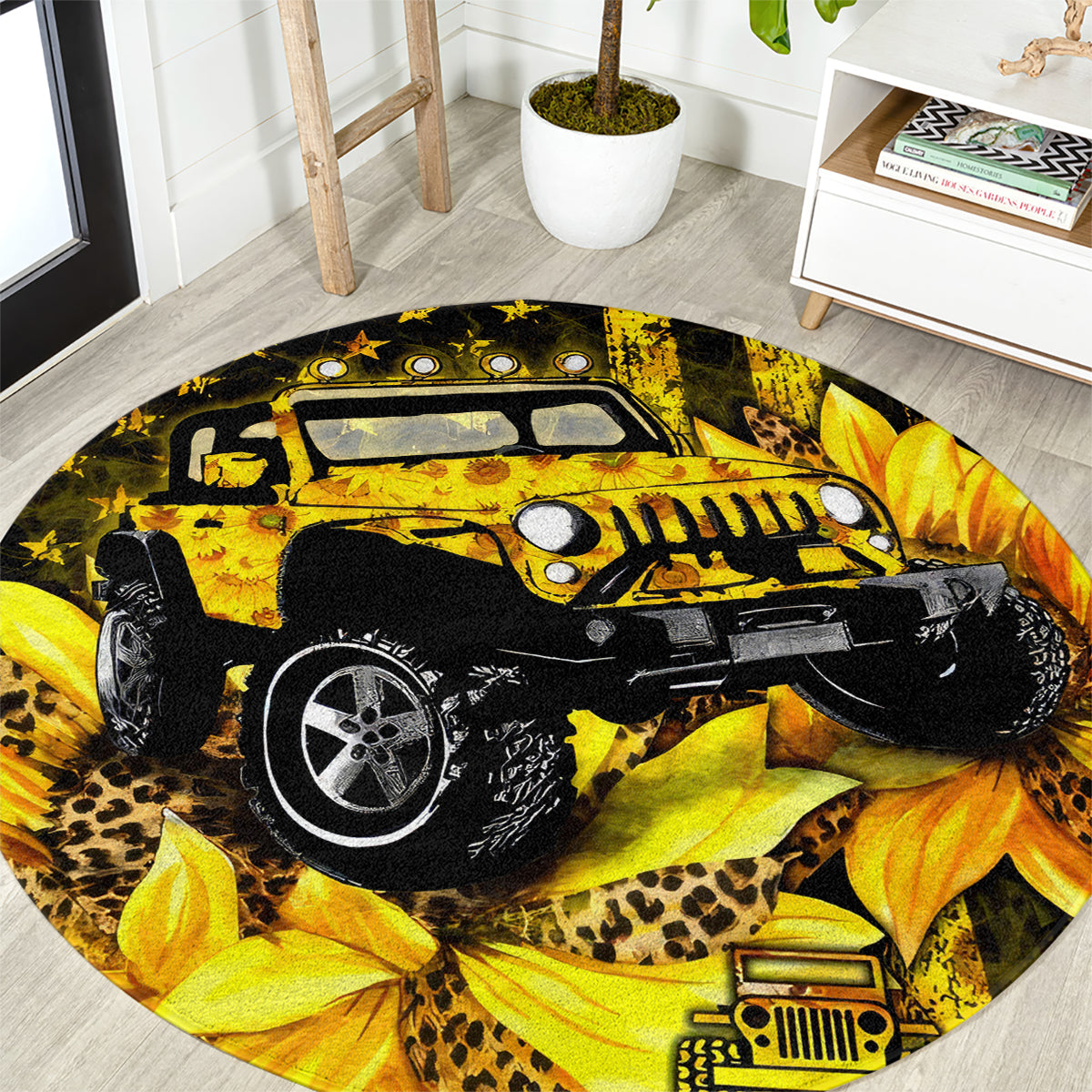 Sunflower Jeep Round Carpet American Flag Sunflower Jeep
