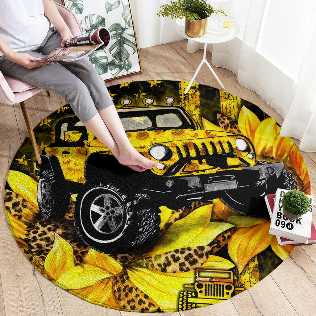 Sunflower Jeep Round Carpet American Flag Sunflower Jeep