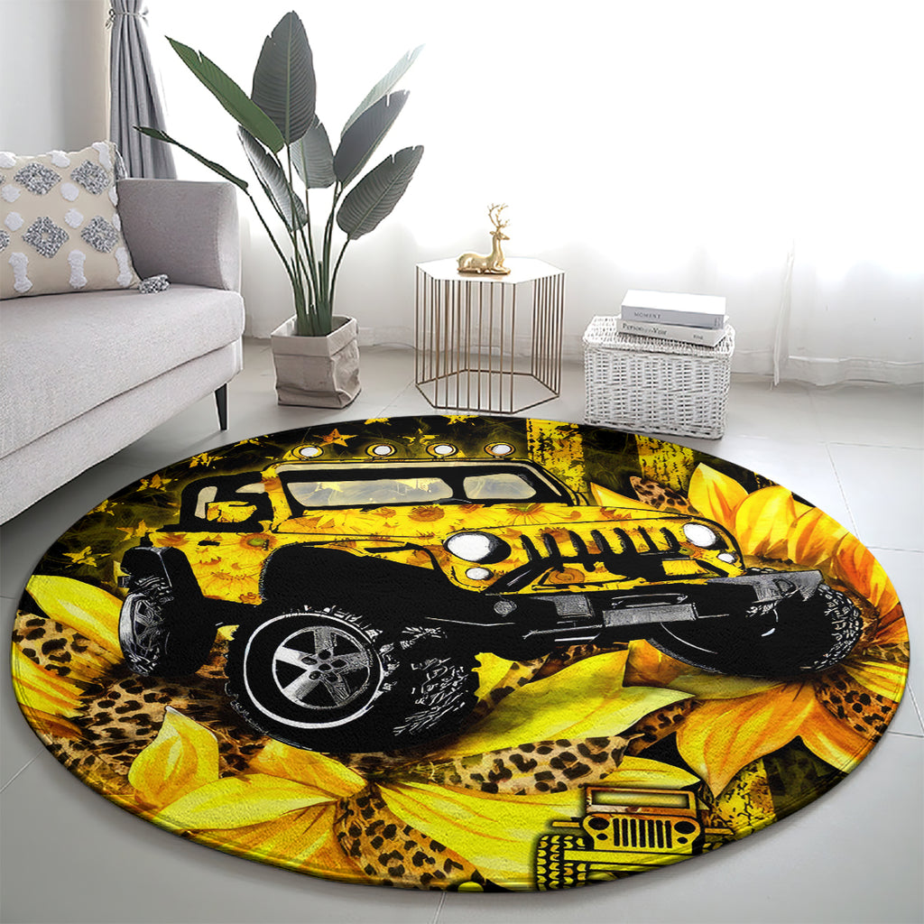 Sunflower Jeep Round Carpet American Flag Sunflower Jeep
