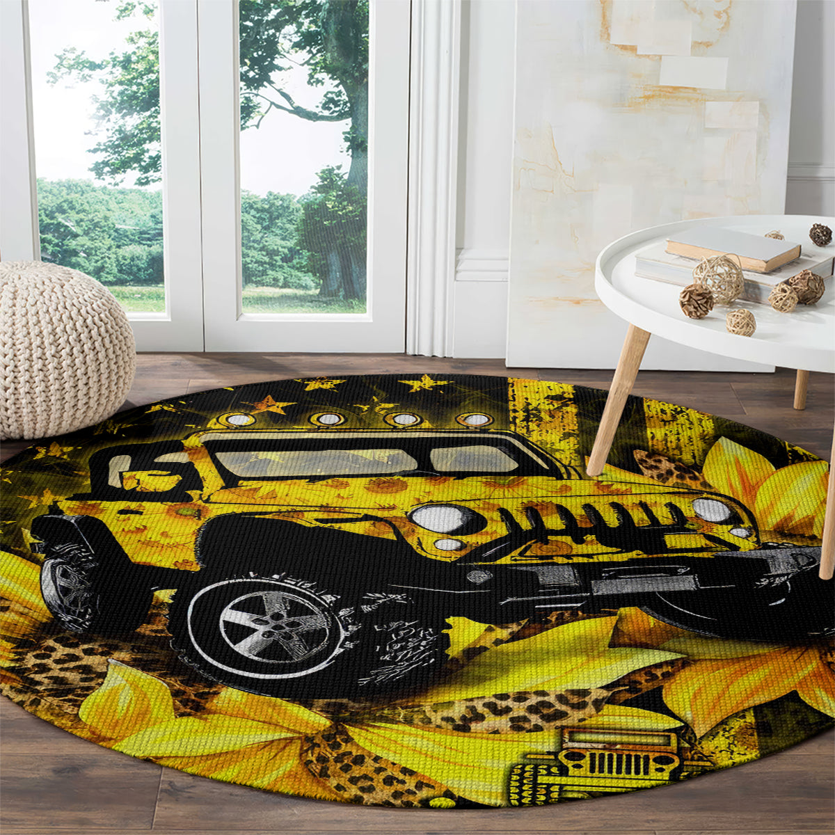 Sunflower Jeep Round Carpet American Flag Sunflower Jeep