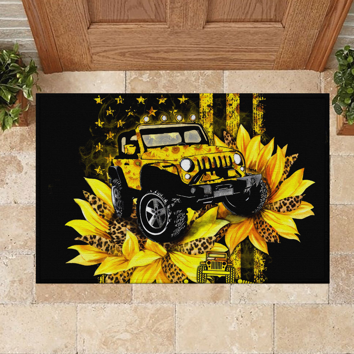 Sunflower Jeep Rubber Doormat American Flag Sunflower Jeep