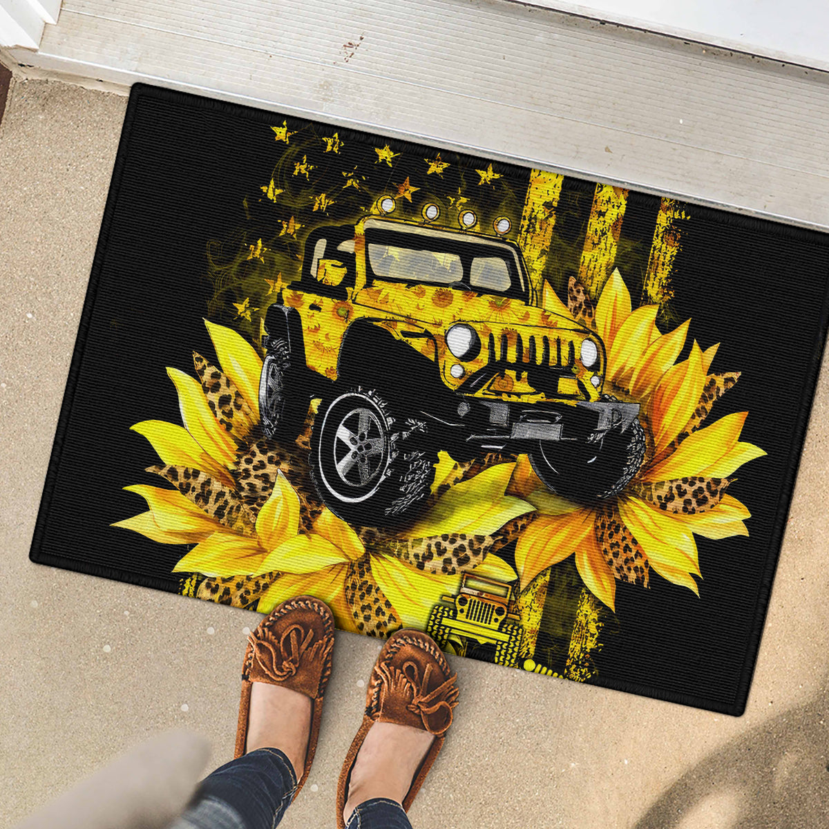 Sunflower Jeep Rubber Doormat American Flag Sunflower Jeep