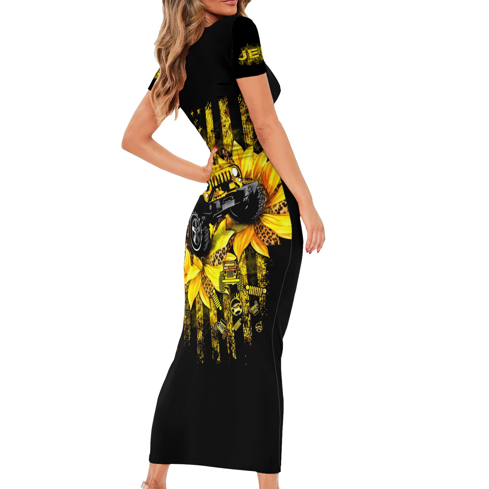 Sunflower Jeep Short Sleeve Bodycon Dress American Flag Sunflower Jeep
