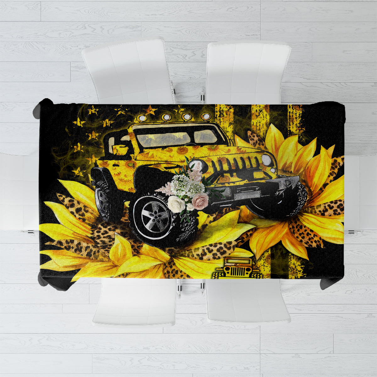 Sunflower Jeep Tablecloth American Flag Sunflower Jeep