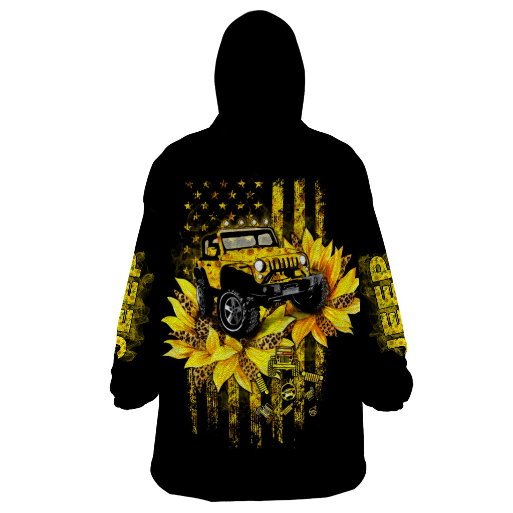 Sunflower Jeep Wearable Blanket Hoodie American Flag Sunflower Jeep