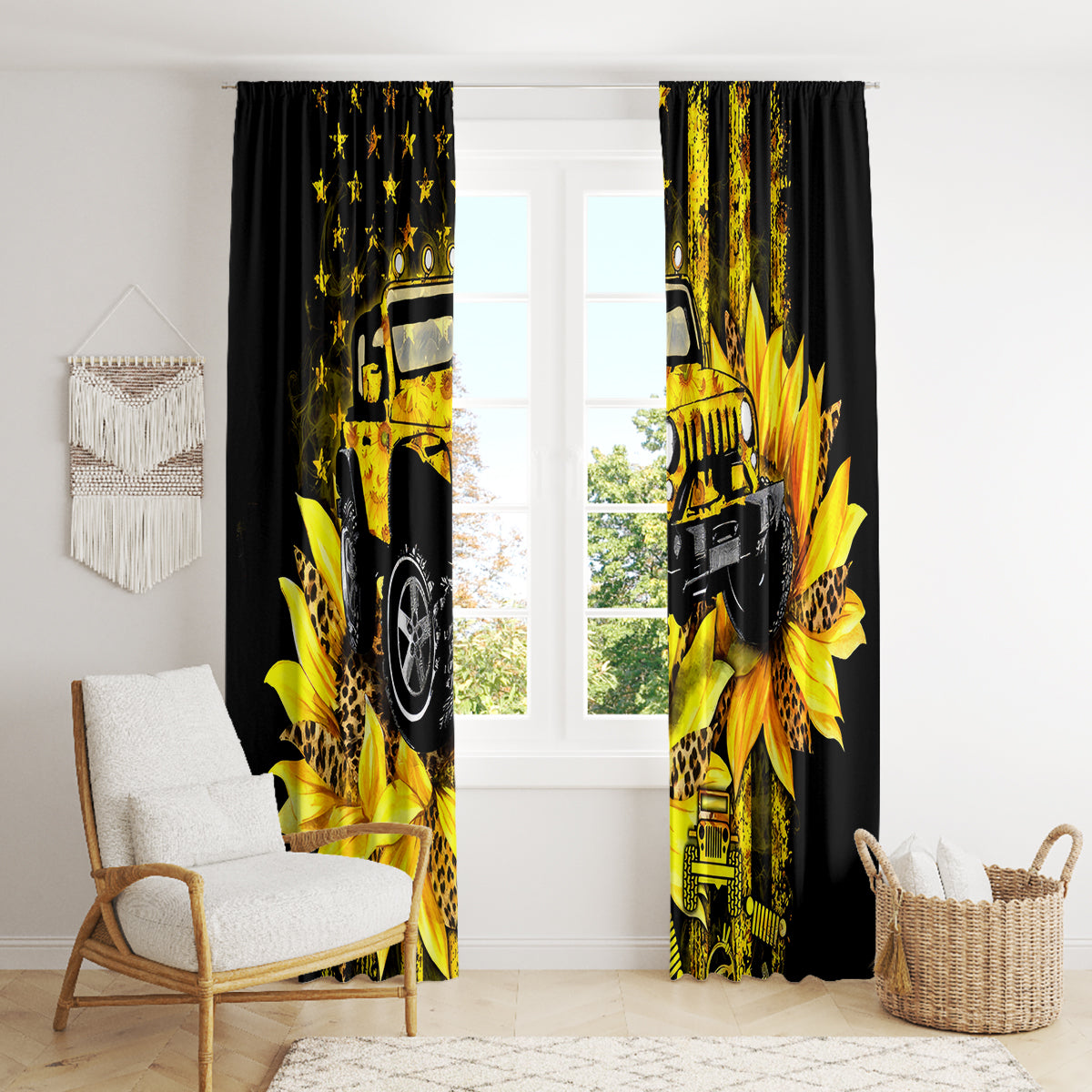 Sunflower Jeep Window Curtain American Flag Sunflower Jeep