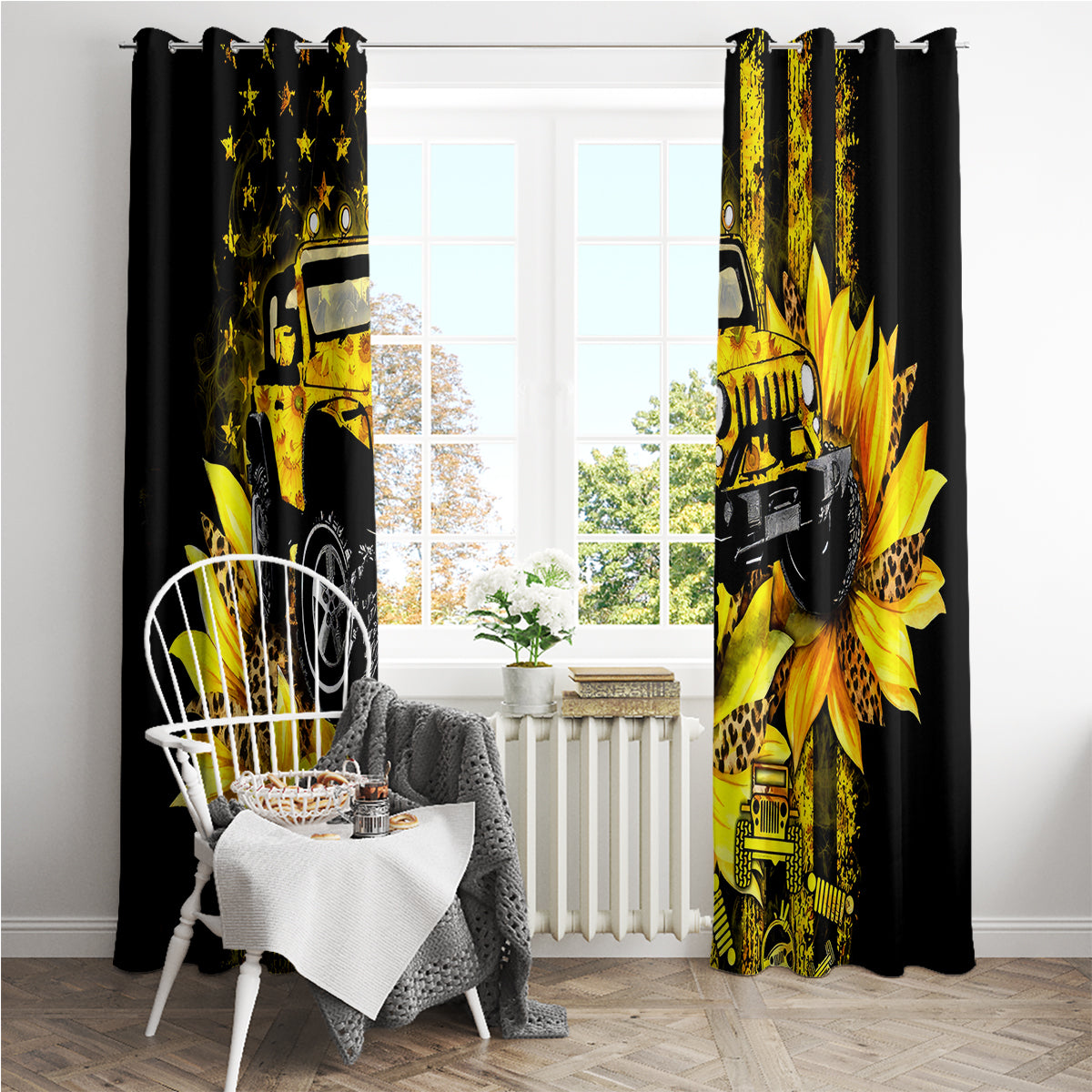 Sunflower Jeep Window Curtain American Flag Sunflower Jeep