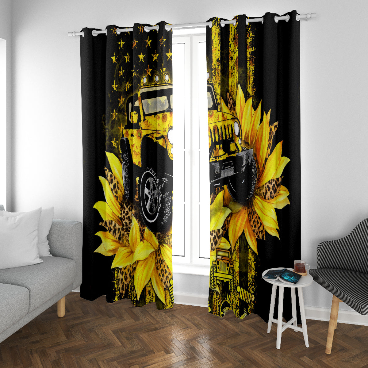 Sunflower Jeep Window Curtain American Flag Sunflower Jeep