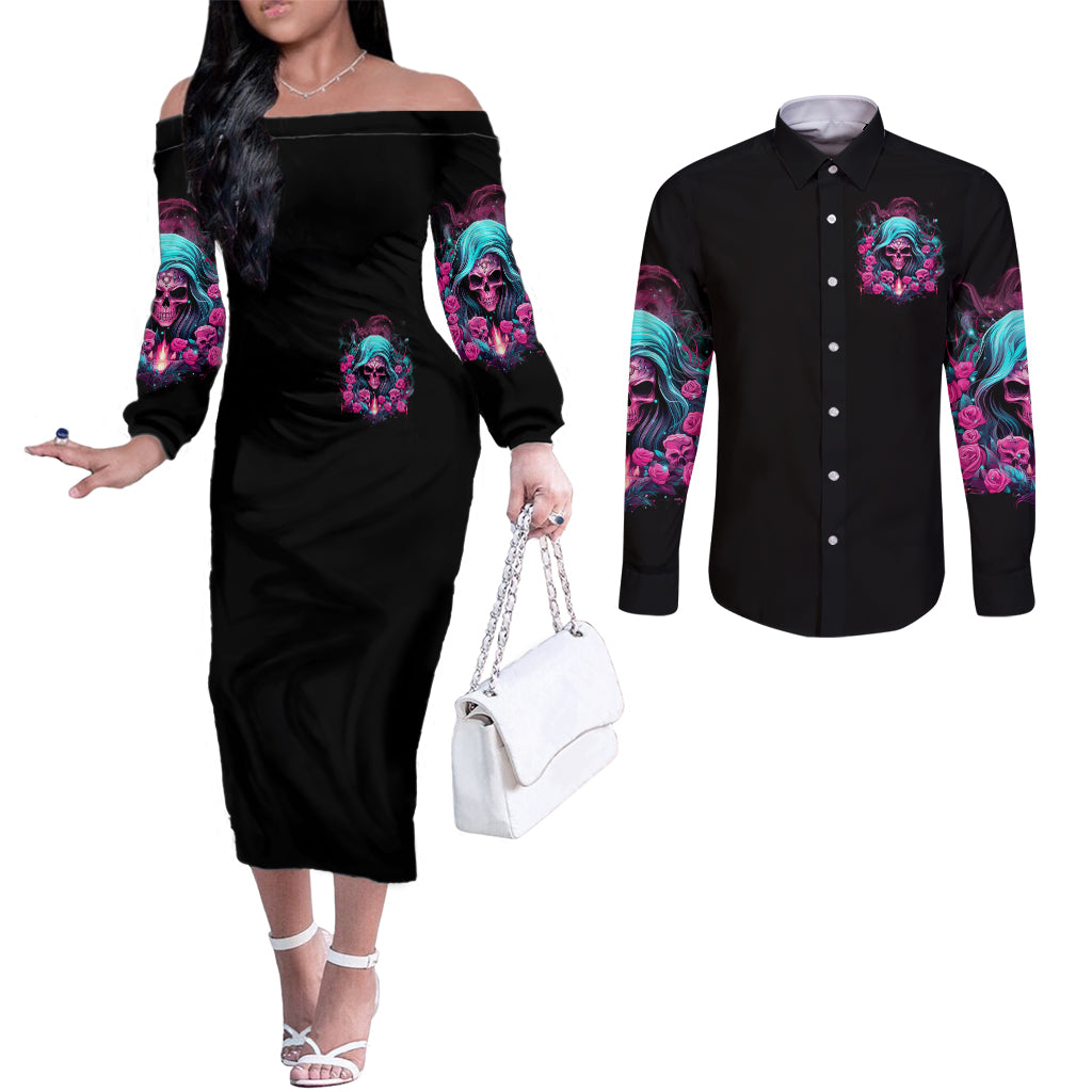 Lady Skull Couples Matching Off The Shoulder Long Sleeve Dress and Long Sleeve Button Shirt The Good Girl In Me Got Tired Of The Bullshit