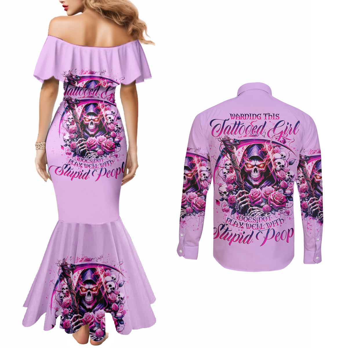 Reaper Skull Couples Matching Mermaid Dress and Long Sleeve Button Shirt Warning This Tattooed Girl Doesn't Play Well With Stupid People