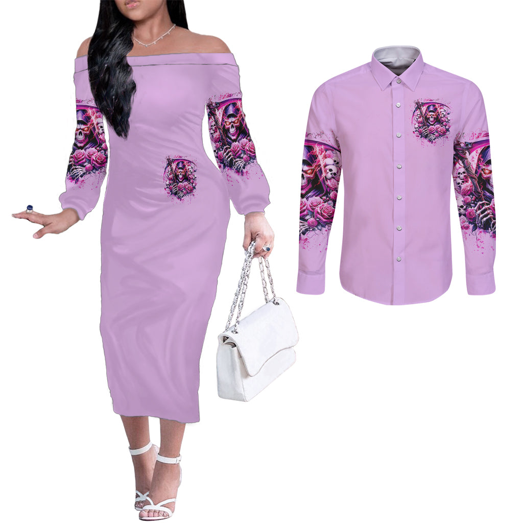 Reaper Skull Couples Matching Off The Shoulder Long Sleeve Dress and Long Sleeve Button Shirt Warning This Tattooed Girl Doesn't Play Well With Stupid People
