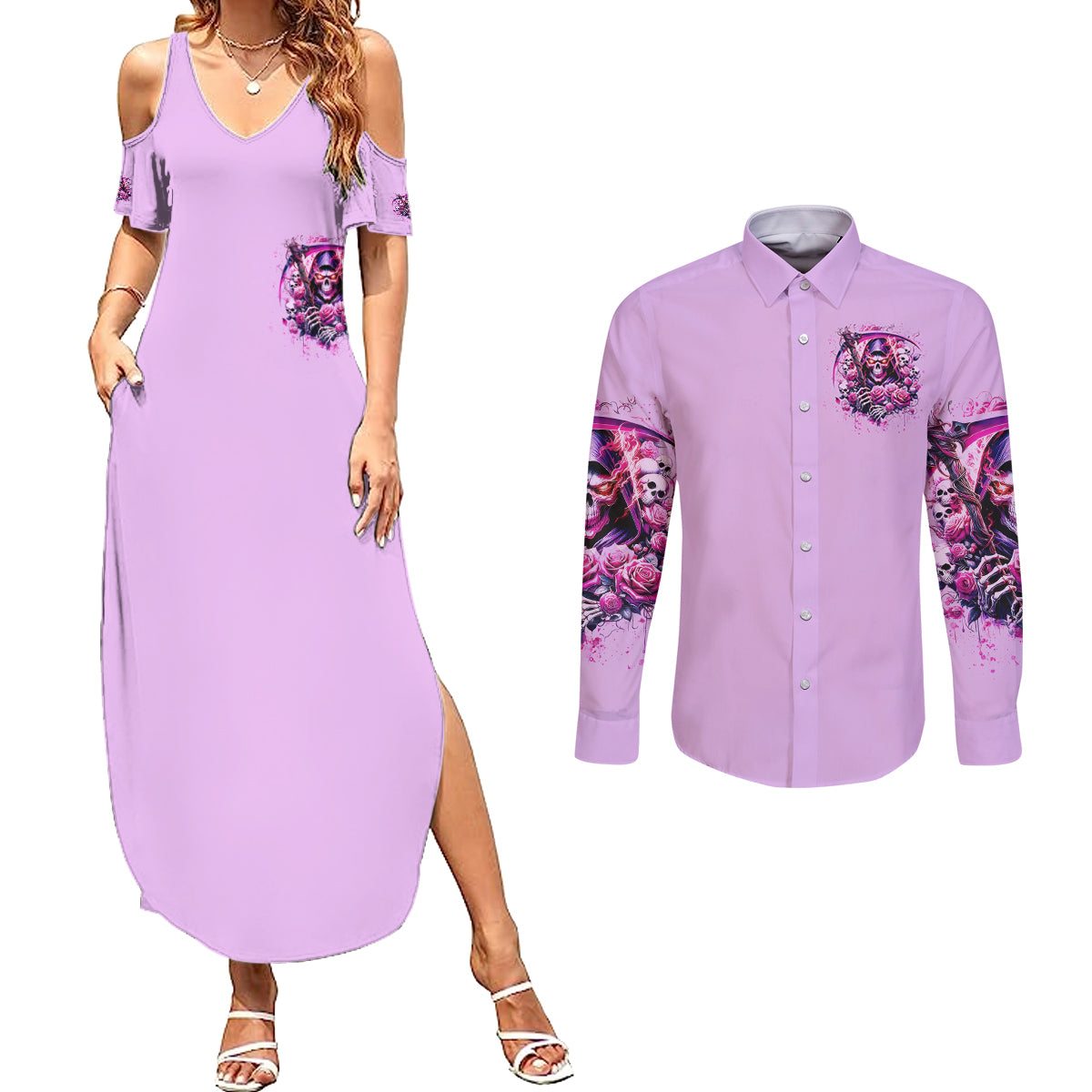 Reaper Skull Couples Matching Summer Maxi Dress and Long Sleeve Button Shirt Warning This Tattooed Girl Doesn't Play Well With Stupid People