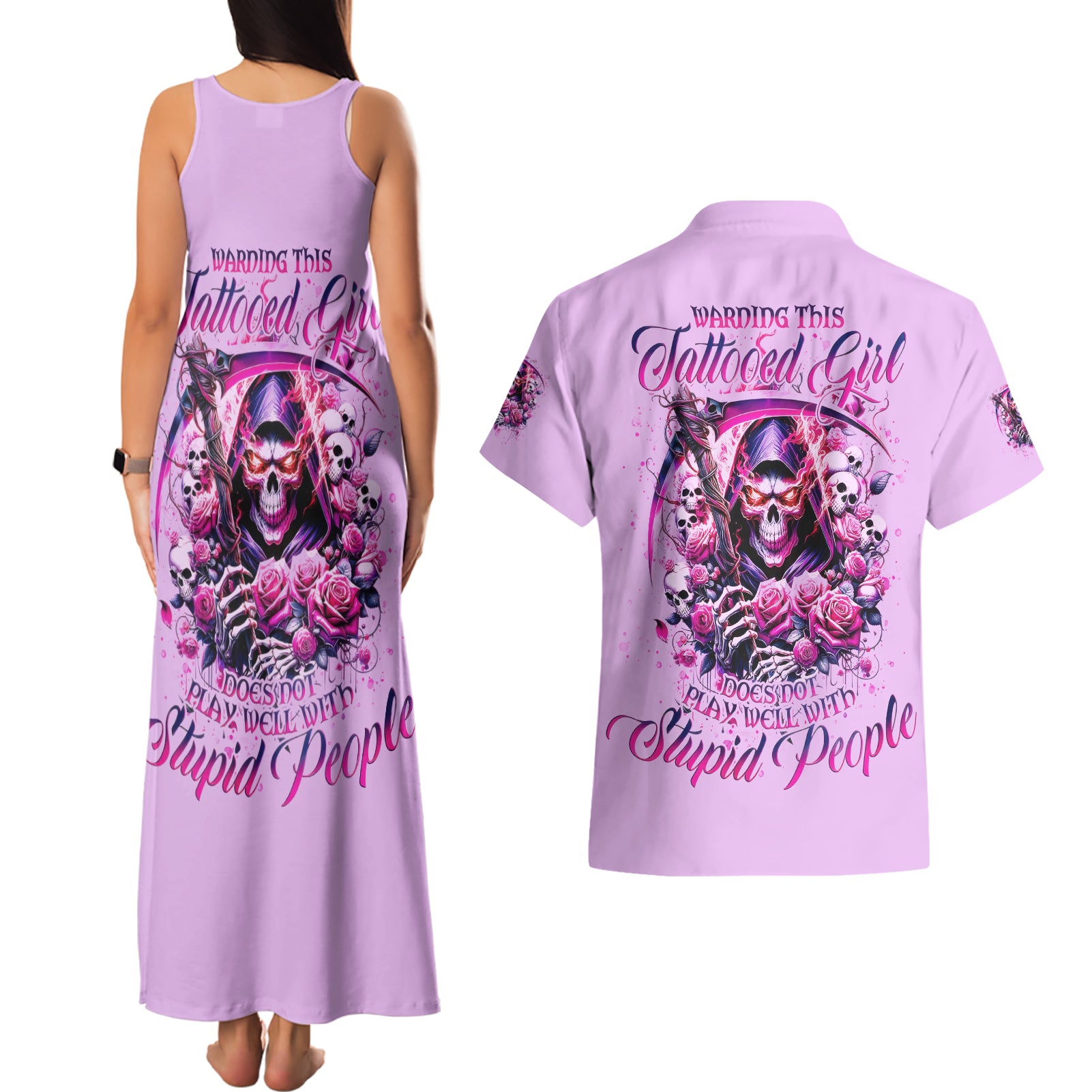 Reaper Skull Couples Matching Tank Maxi Dress and Hawaiian Shirt Warning This Tattooed Girl Doesn't Play Well With Stupid People