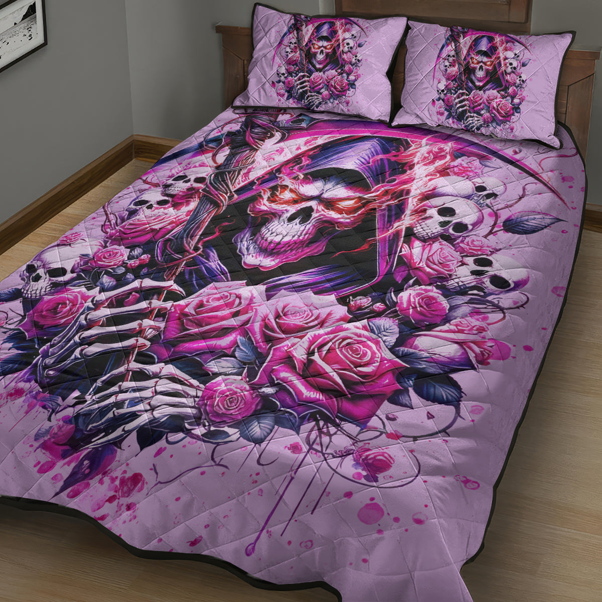 Reaper Skull Quilt Bed Set Warning This Tattooed Girl Doesn't Play Well With Stupid People