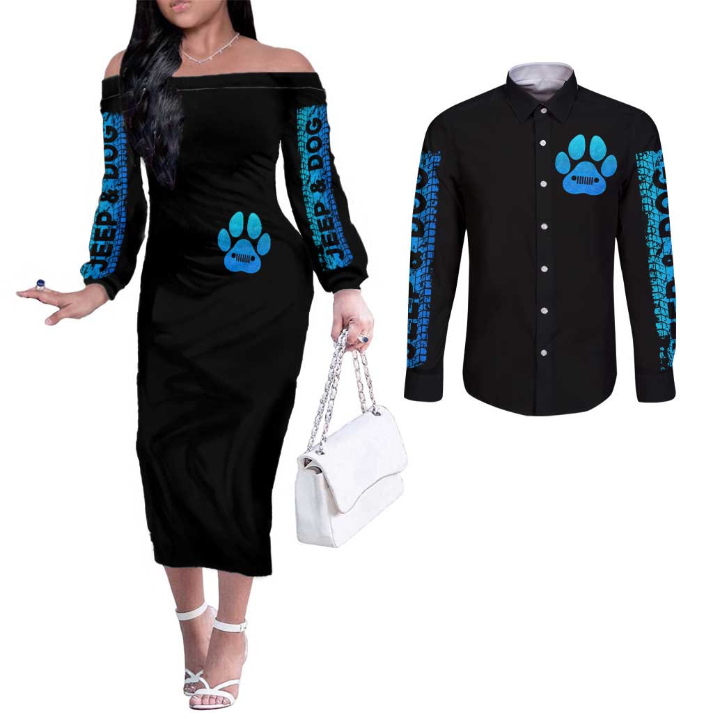 Jeep Life Couples Matching Off The Shoulder Long Sleeve Dress and Long Sleeve Button Shirt You & Me And The Dogs DT01