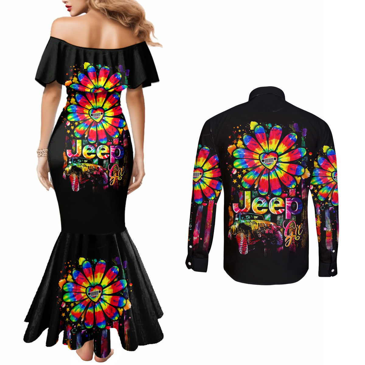 Hippie Jeep Couples Matching Mermaid Dress and Long Sleeve Button Shirt Daisy Jeep Girl