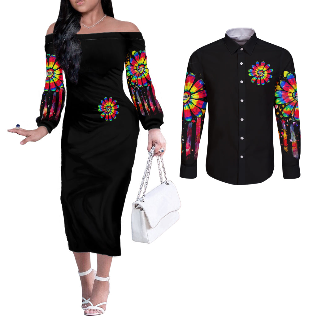 Hippie Jeep Couples Matching Off The Shoulder Long Sleeve Dress and Long Sleeve Button Shirt Daisy Jeep Girl