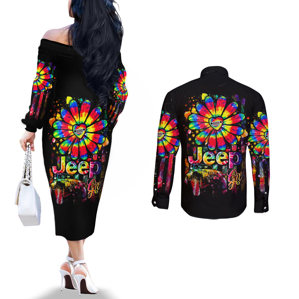 Hippie Jeep Couples Matching Off The Shoulder Long Sleeve Dress and Long Sleeve Button Shirt Daisy Jeep Girl