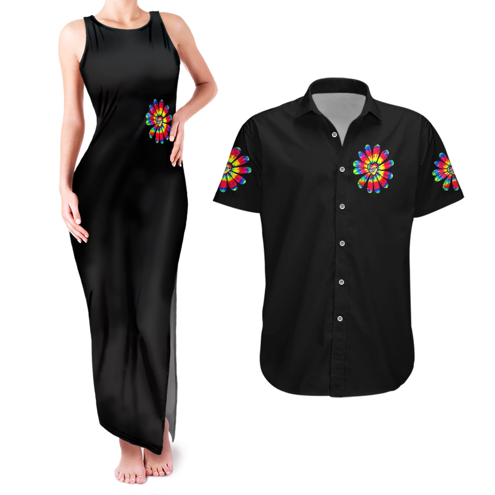 Hippie Jeep Couples Matching Tank Maxi Dress and Hawaiian Shirt Daisy Jeep Girl